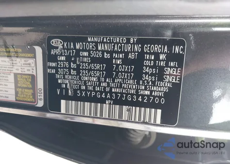 2018 Kia Sorento 2.4L Lx z USA, uszkodzony, nr VIN 5XYPG4A37JG342700